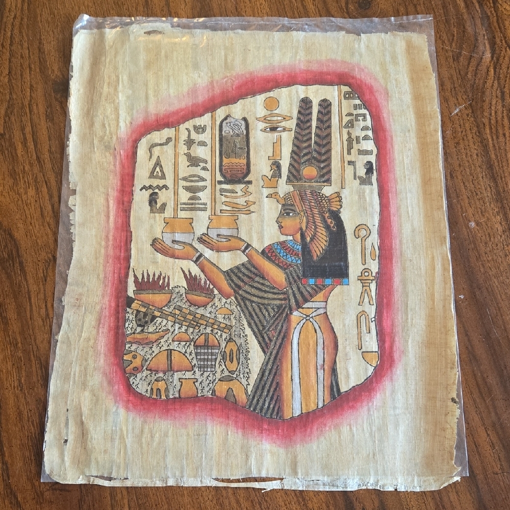 Egyptian Papyrus Art - Hand-Painted Goddess Nefertiti Offering Incense
